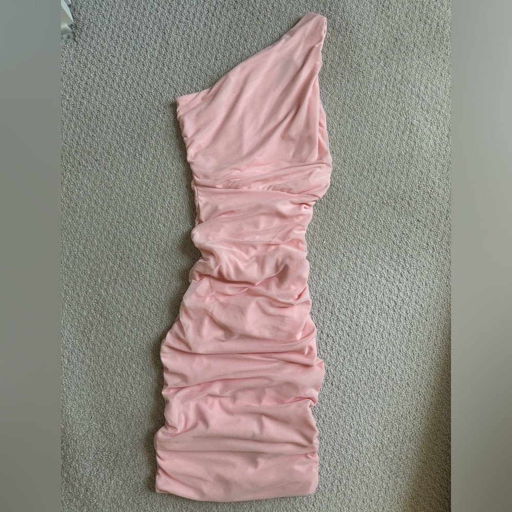 Pink ruched one shoulder dress